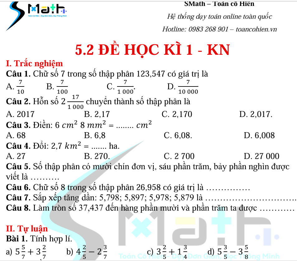 Đề học kì 1 số 2 - Toán 5