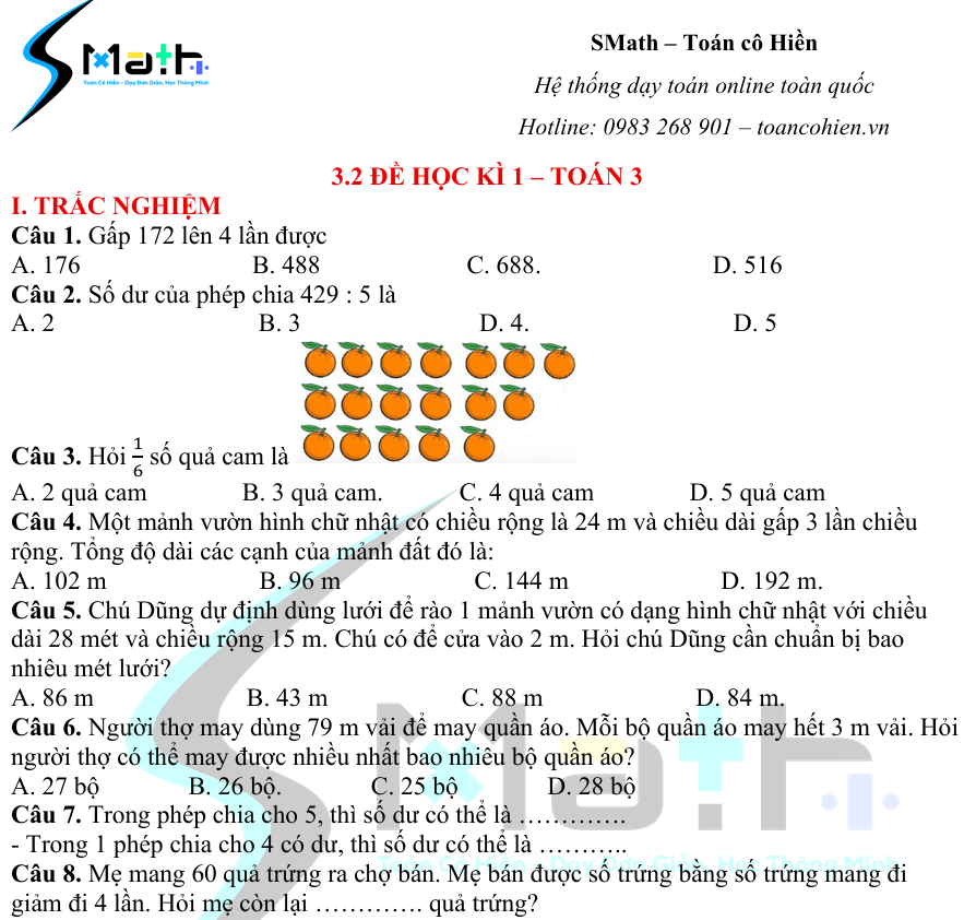 Đề học kì 1 số 2 - Toán 3